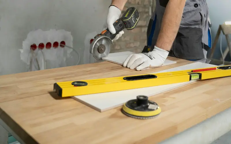 A contractor cutting tile with an angle grinder during a renovation